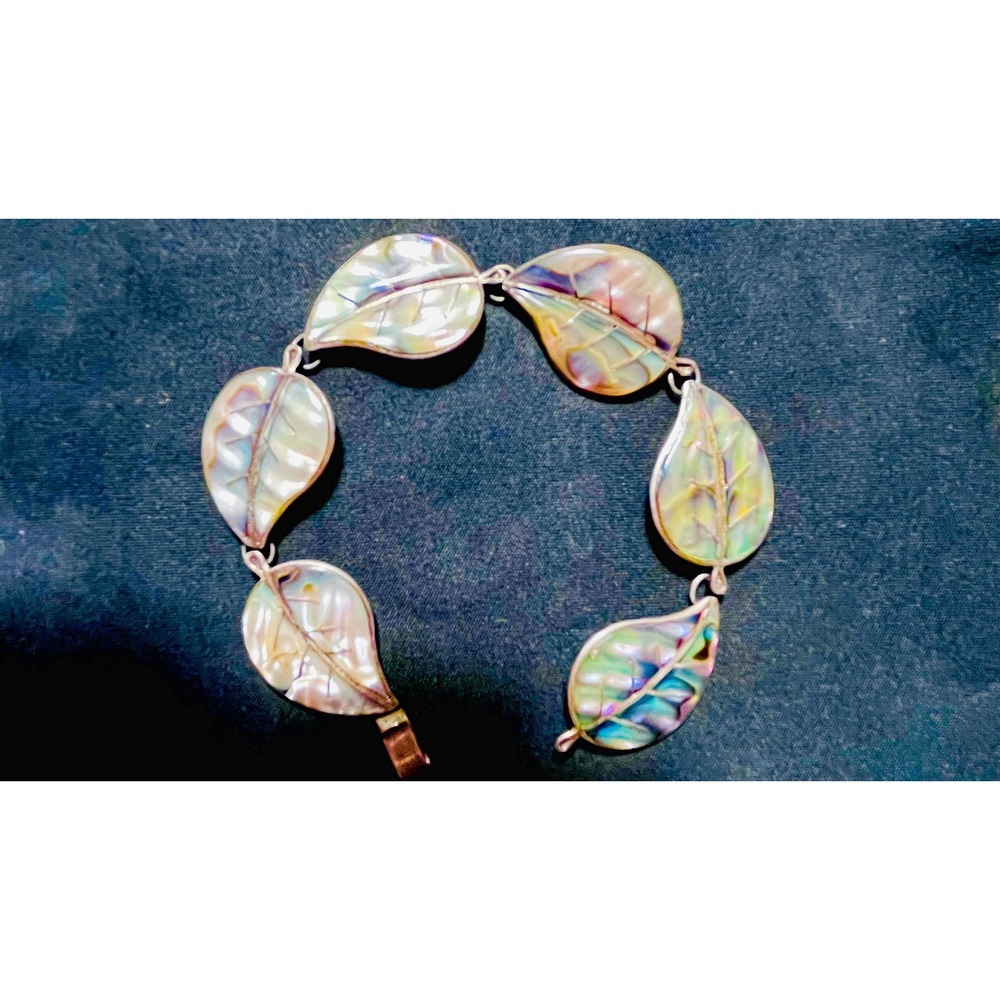 Vintage Taxco Mexico 925 Sterling Silver Abalone Leaf Link Bracelet boho 8in